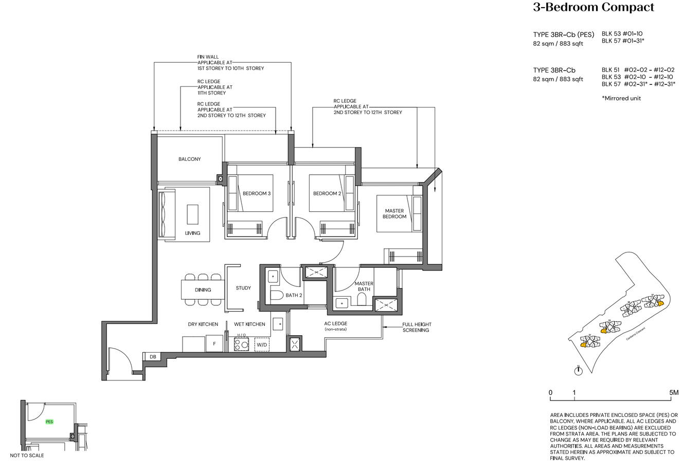 3 Bedrooms Compact: 883sqft (82 sqm) Stack 02 10 31, Type: 3BR-Cb