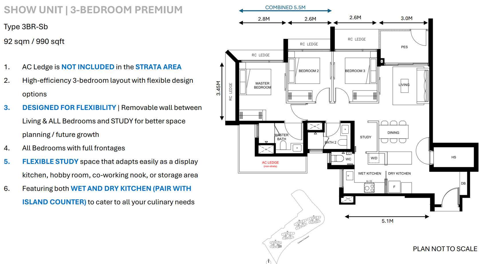 3 Bedrooms Premium Show Unit: 990 sqft (92 sqm) Stack 06 07 23 26, Type: 3BR-Sb