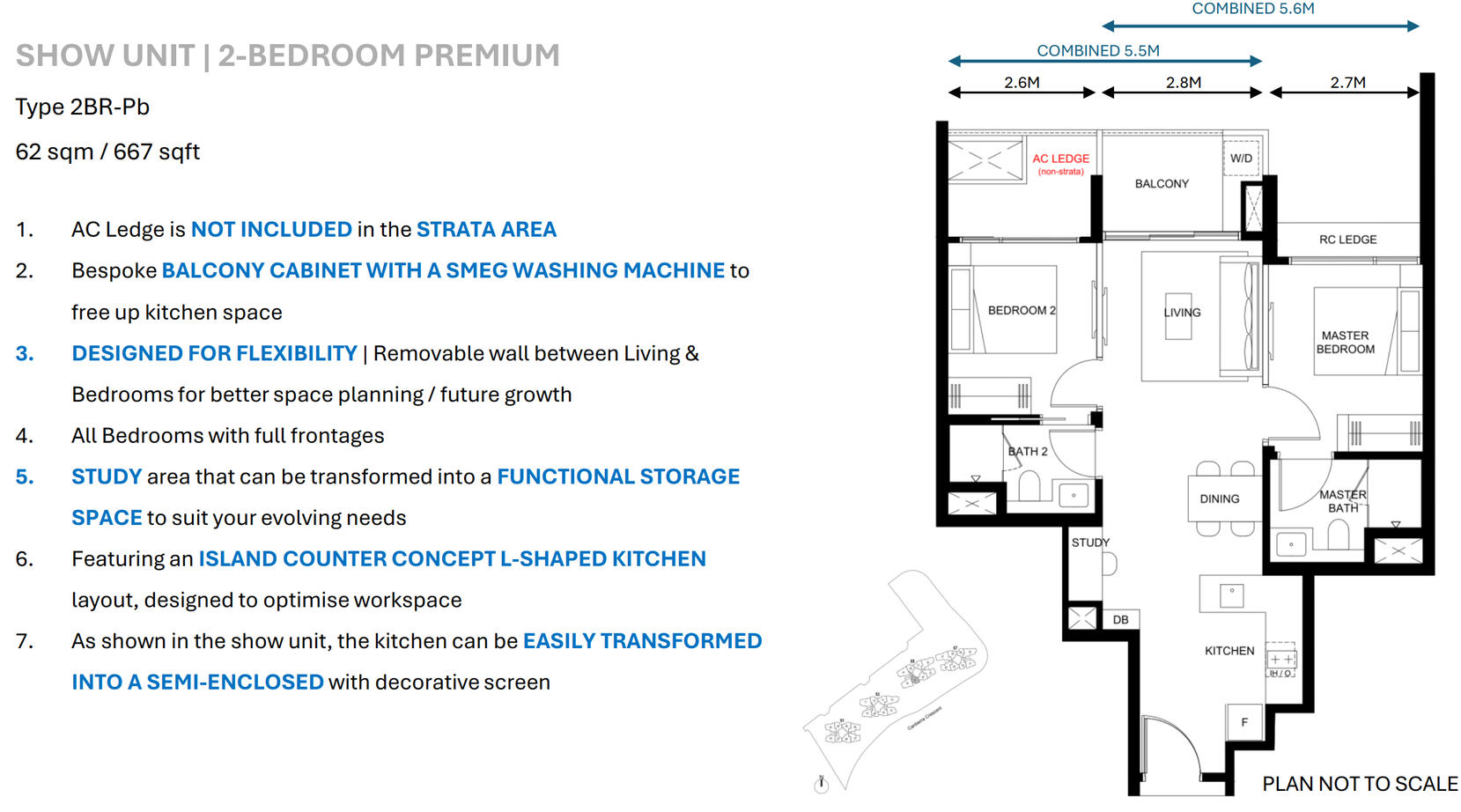 2 Bedrooms Show Unit: 667 sqft (62 sqm) Stack17 Type: 2BR-Pb