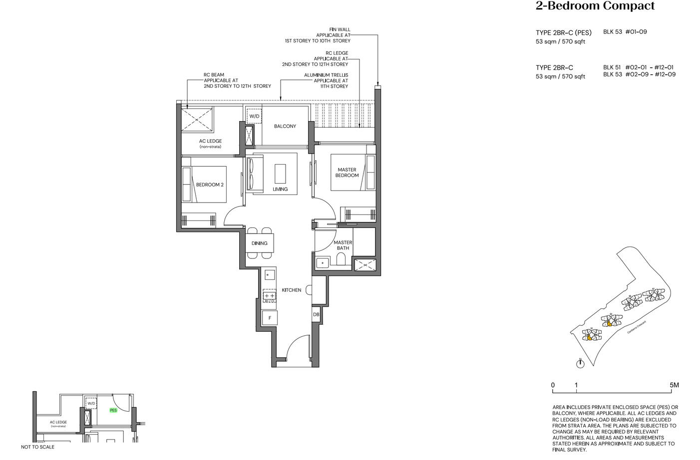 2 Bedrooms Compact: 570 sqft (53 sqm) Stack 01 09, Type: 2BR-C